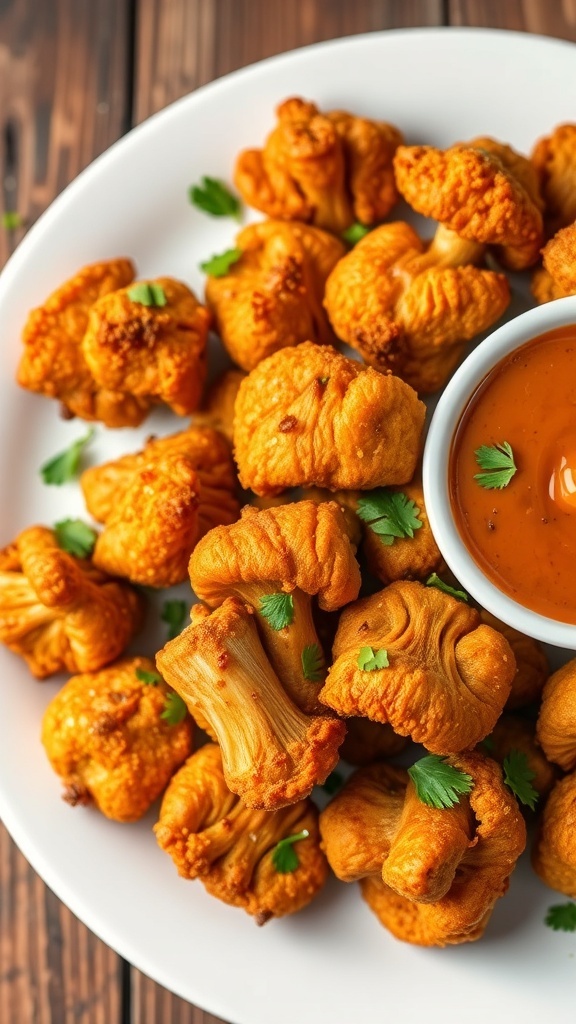 Crispy Vegan Oyster Mushroom Fried Chicken in Air Fryer Crispy vegan oyster mushroom fried chicken served with dipping sauce on a rustic table.
